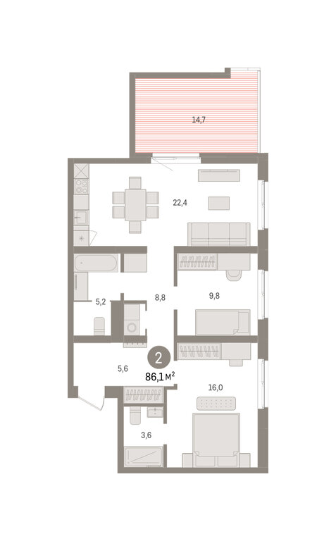 2-комнатная квартира: Екатеринбург, Торфяной переулок, 10 (86.1 м²)