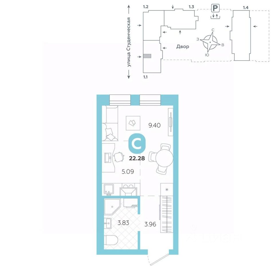 Студия Свердловская область, Екатеринбург ул. Студенческая, 1А (22.28 м²)