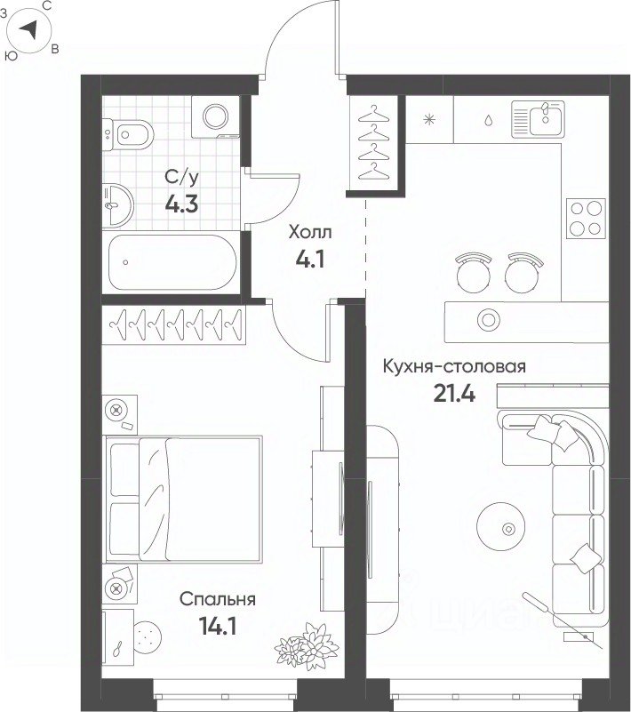 1-к кв. Свердловская область, Екатеринбург Солнечный жилрайон,  (43.9 м²)
