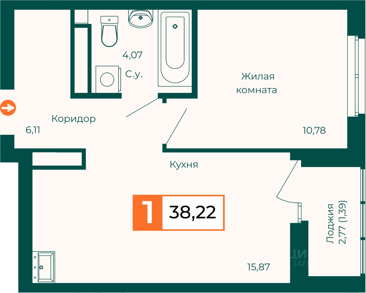 1-к кв. Свердловская область, Екатеринбург ВИЗ жилрайон,  (38.22 м²)