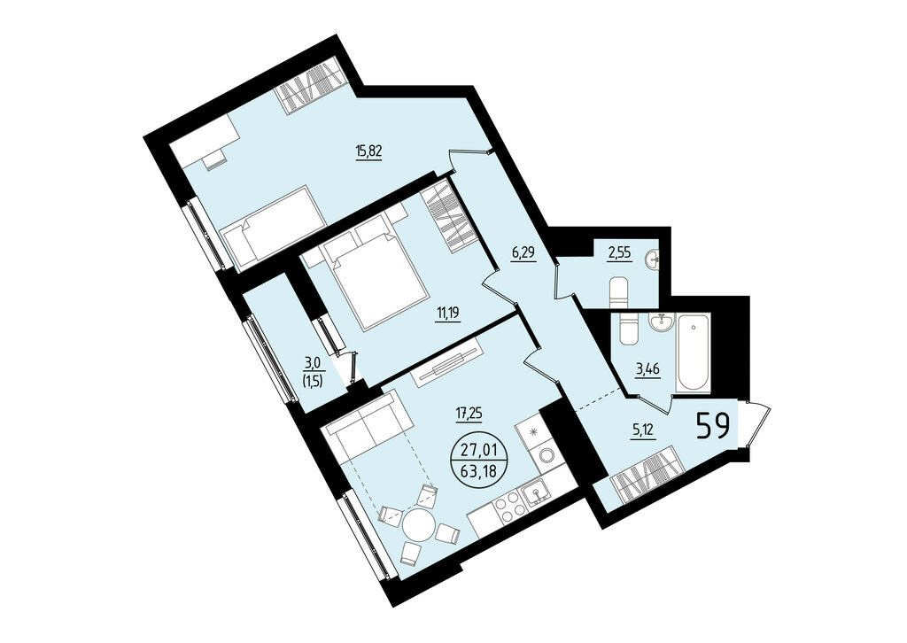 2-комнатная квартира: Екатеринбург, площадь Жуковского, 8 (63.18 м²)