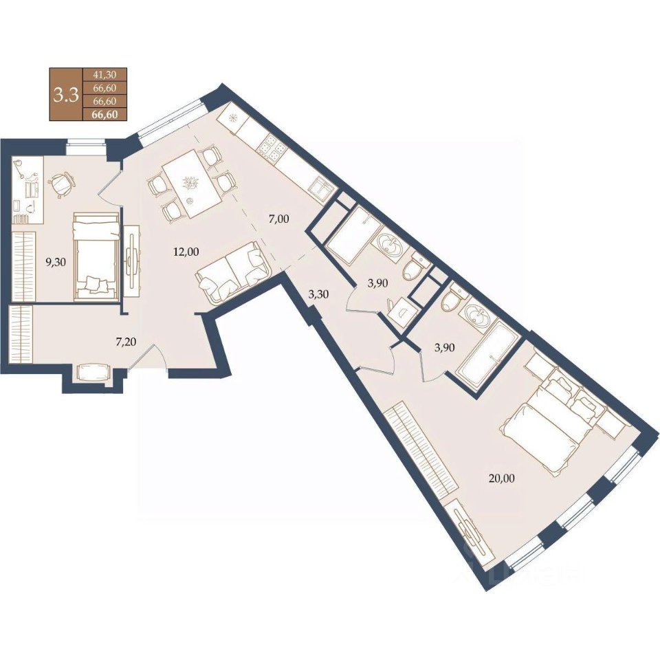 2-к кв. Свердловская область, Екатеринбург ул. Щербакова, 20 (66.6 м²)
