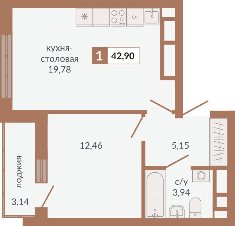 1-к кв. Свердловская область, Екатеринбург пер. Старателей (42.9 м²)