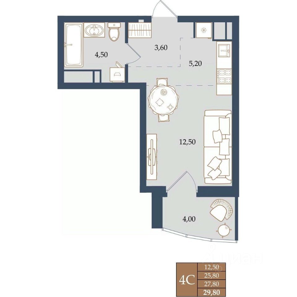 Студия Свердловская область, Екатеринбург ул. Щербакова, 20 (27.8 м²)
