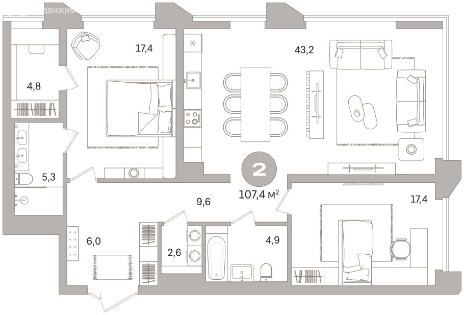 Квартира-студия: Екатеринбург, улица Гоголя, 21 (107.35 м²)