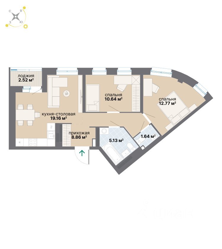 2-к кв. Свердловская область, Екатеринбург ул. Вилонова (60.72 м²)