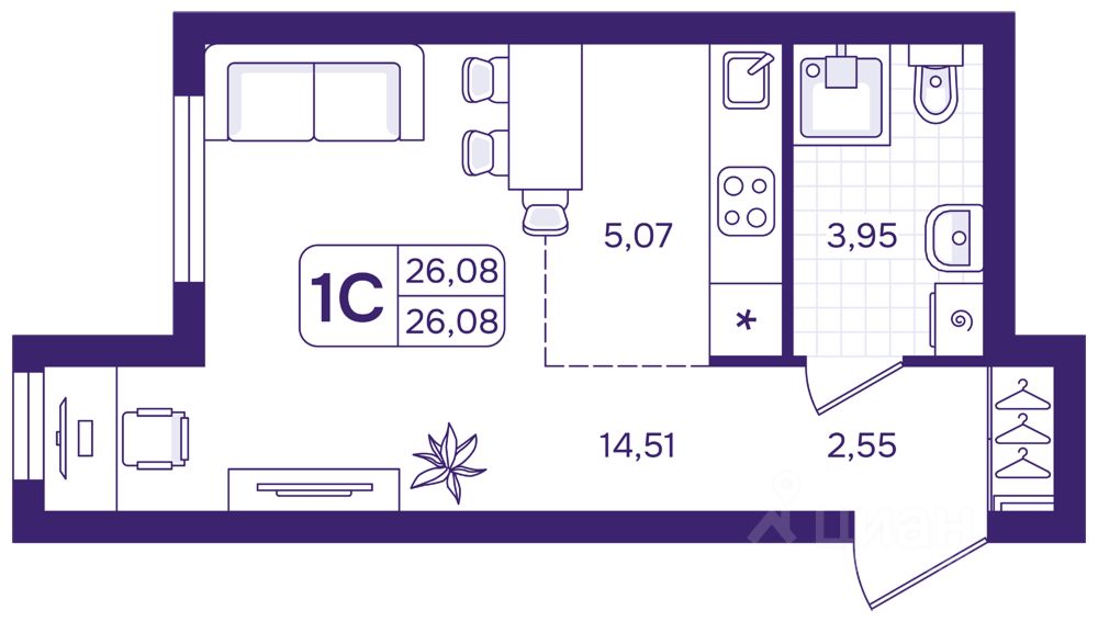 Студия Свердловская область, Екатеринбург пер. Проходной, 1Б (26.08 м²)