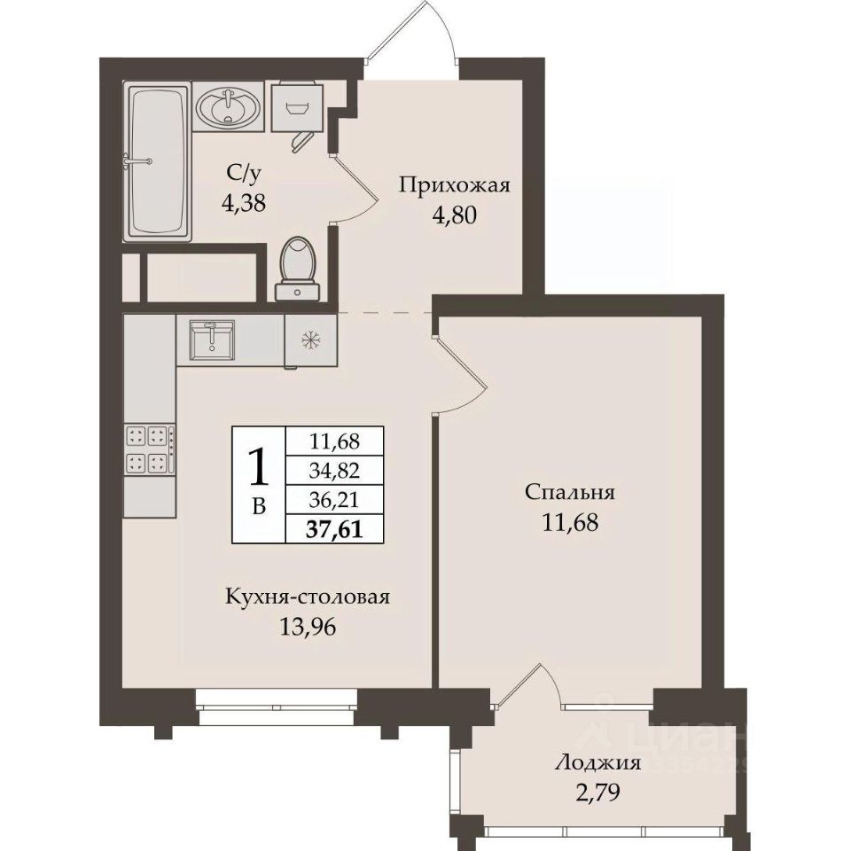 1-к кв. Свердловская область, Екатеринбург ул. Репина, 64 (36.21 м²)