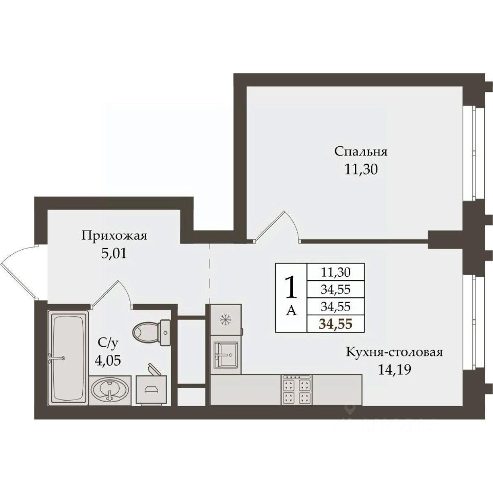 1-к кв. Свердловская область, Екатеринбург ул. Репина, 64 (34.55 м²)