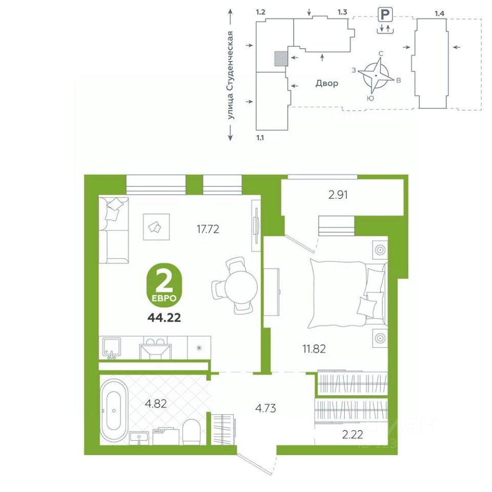 1-к кв. Свердловская область, Екатеринбург ул. Студенческая, 1А (44.22 м²)