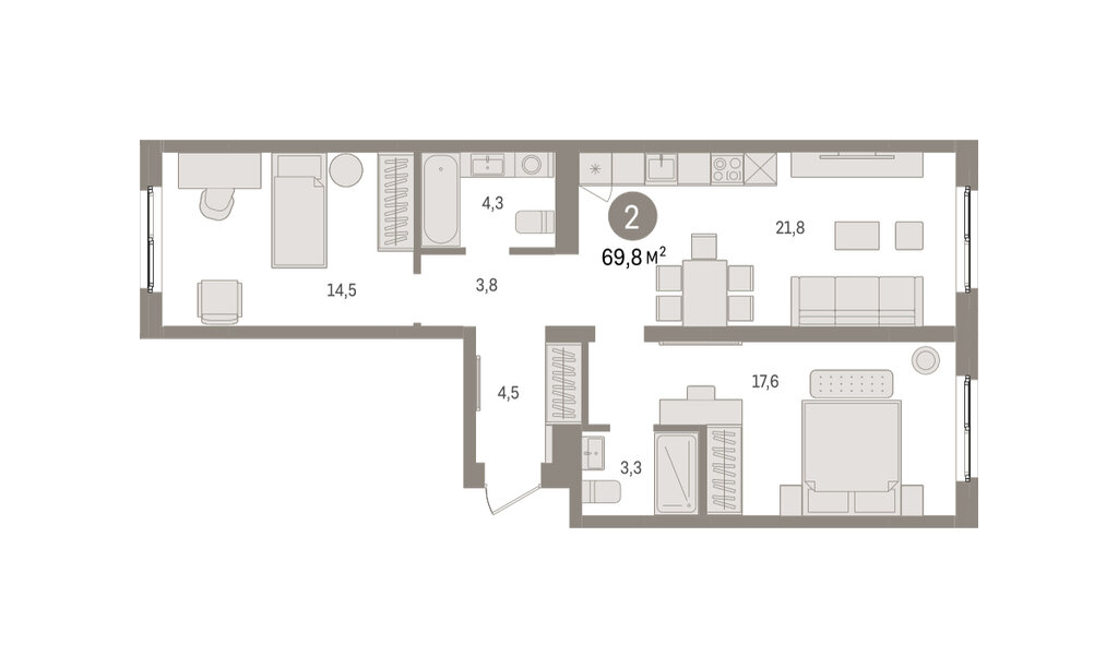 2-комнатная квартира: Екатеринбург, Торфяной переулок, 10 (69.8 м²)