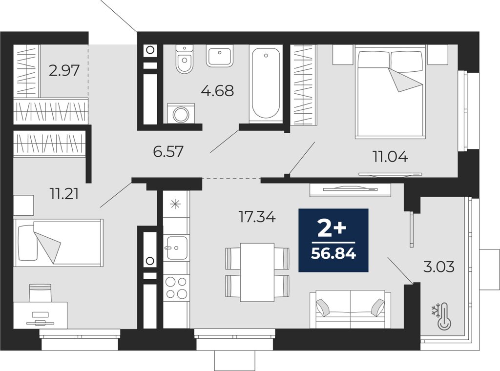 2-комнатная квартира: Екатеринбург, ЖК Соната Парк (56.84 м²)
