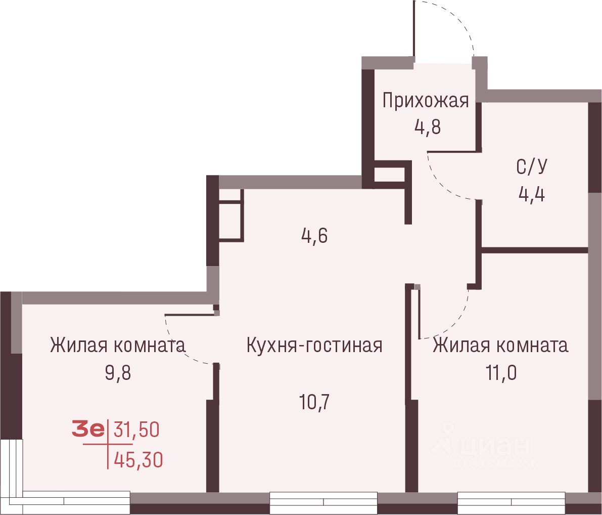 3-к кв. Свердловская область, Екатеринбург ул. Академика Ландау, 13 (45.3 м²)