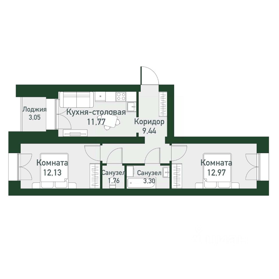 2-к кв. Свердловская область, Екатеринбург ул. Амундсена, 185 (51.9 м²)