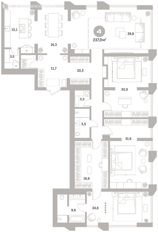 4-комнатная квартира: Екатеринбург, улица Гоголя, 21 (236.97 м²)