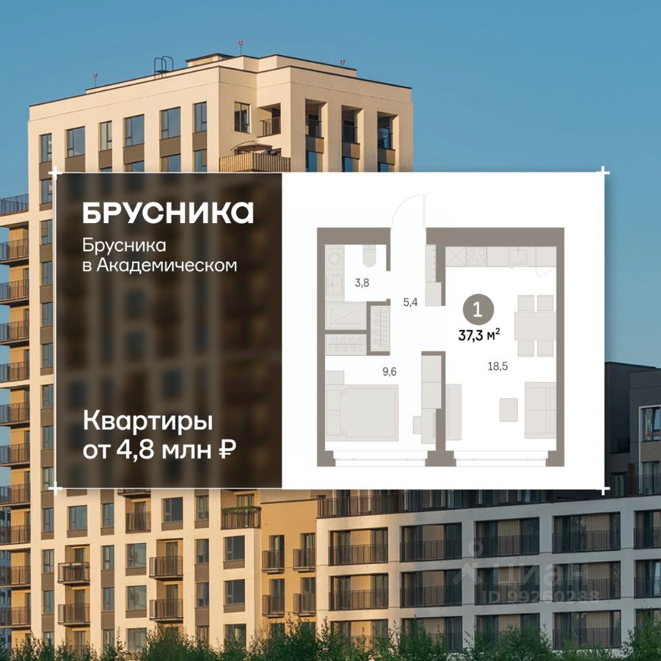 1-к кв. Свердловская область, Екатеринбург Академический мкр, 19-й кв-л, Брусника в Академическом жилой комплекс (37.29 м²)