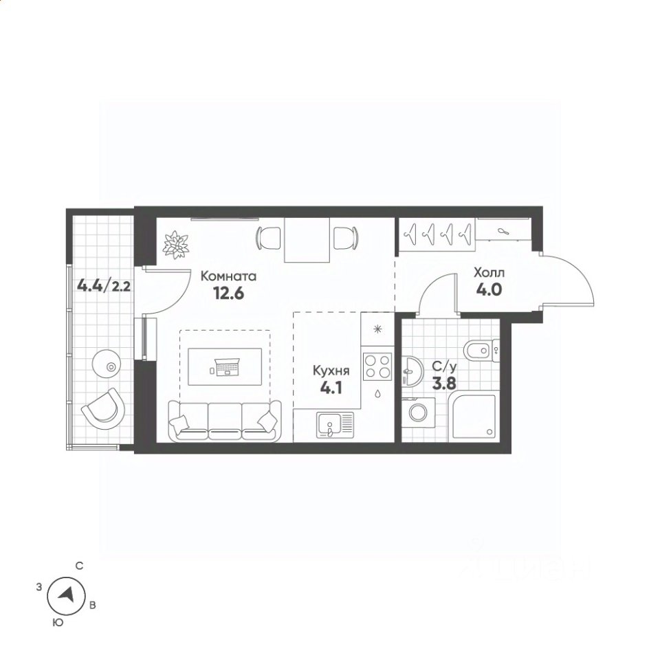 Студия Свердловская область, Екатеринбург Солнечный жилрайон,  (26.7 м²)