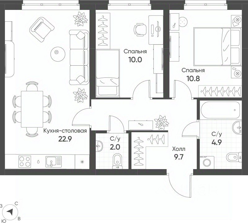 2-к кв. Свердловская область, Екатеринбург Солнечный жилрайон,  (60.3 м²)