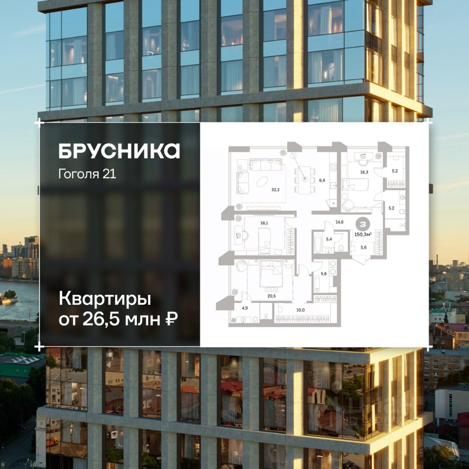 3-к кв. Свердловская область, Екатеринбург ул. Гоголя, 21 (150.32 м²)