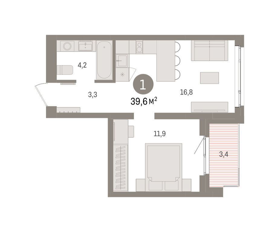 1-комнатная квартира: Екатеринбург, Торфяной переулок, 10 (39.6 м²)