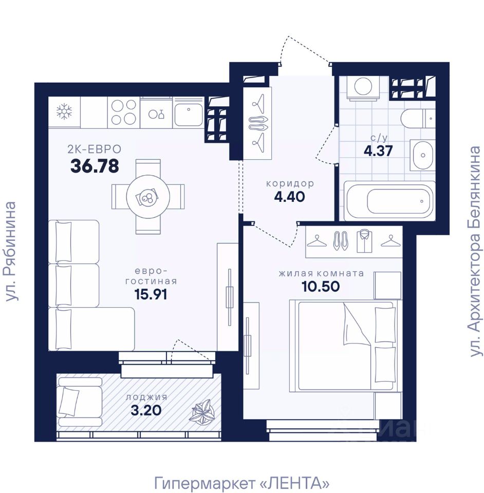 1-к кв. Свердловская область, Екатеринбург ул. Рябинина, 42 (36.78 м²)
