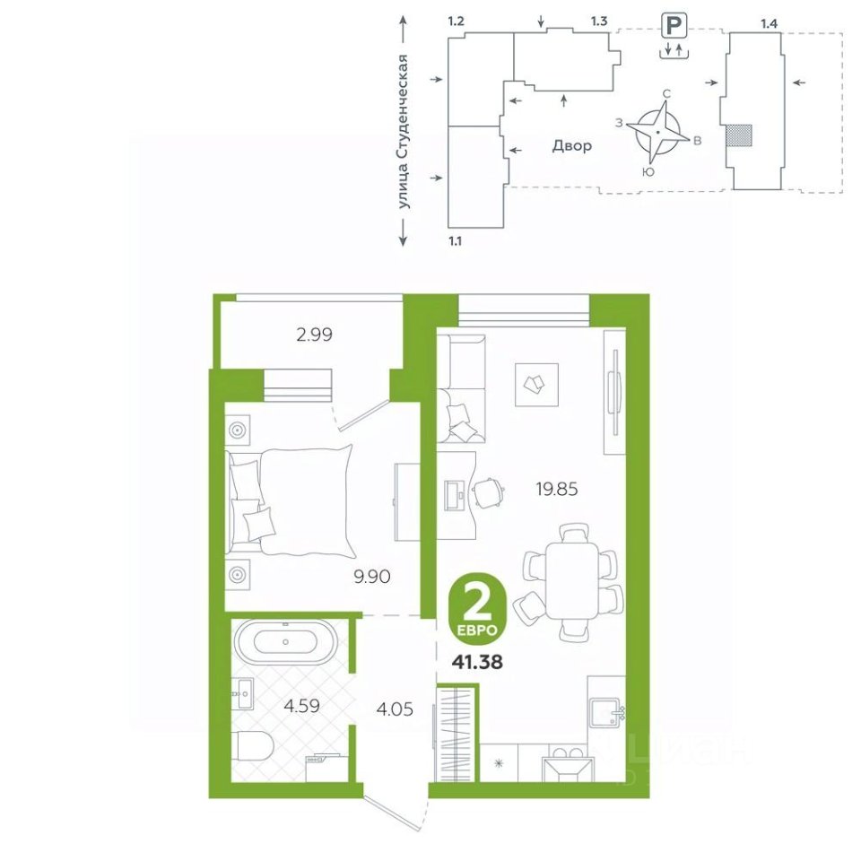 1-к кв. Свердловская область, Екатеринбург ул. Студенческая, 1А (41.38 м²)