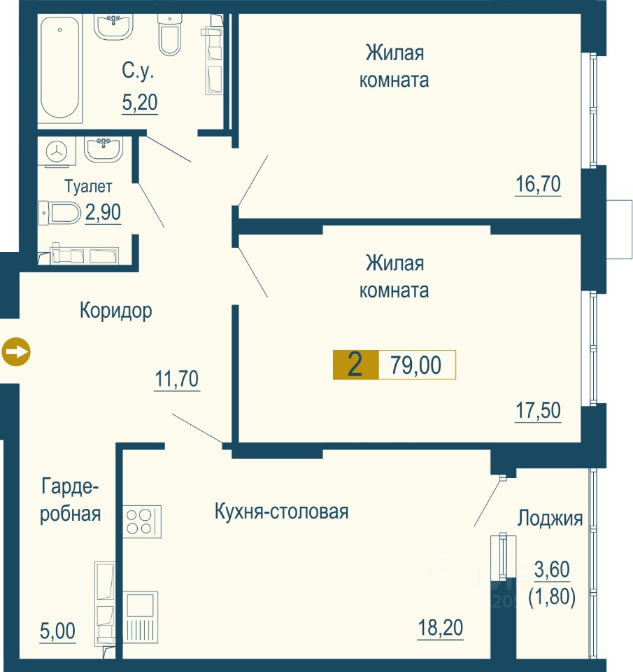 2-к кв. Свердловская область, Екатеринбург ул. Сварщиков (79.0 м²)