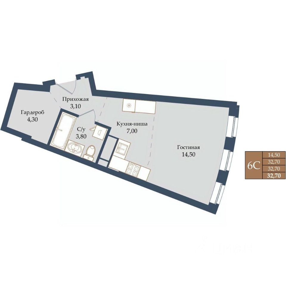 Студия Свердловская область, Екатеринбург ул. Щербакова, 20 (32.7 м²)