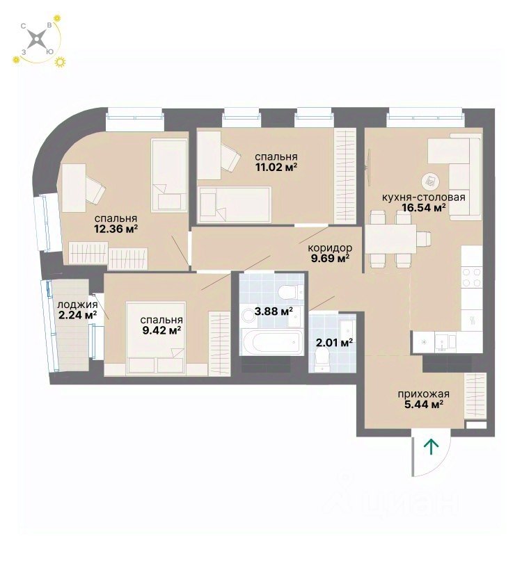 3-к кв. Свердловская область, Екатеринбург ул. Вилонова (72.6 м²)