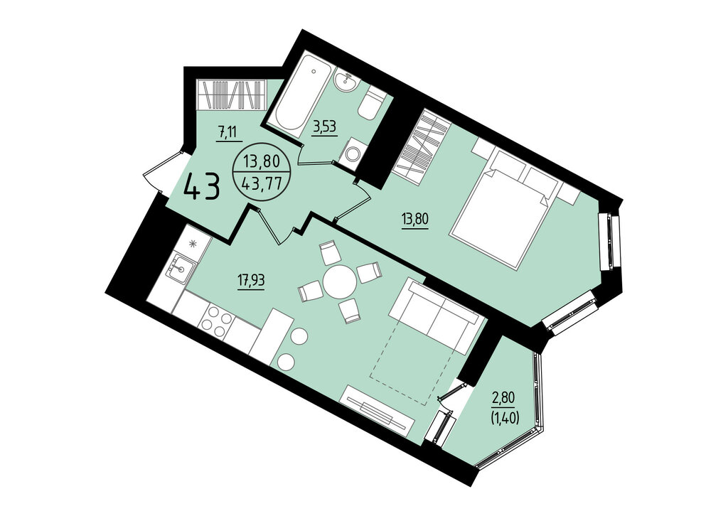 1-комнатная квартира: Екатеринбург, площадь Жуковского, 8 (43.77 м²)