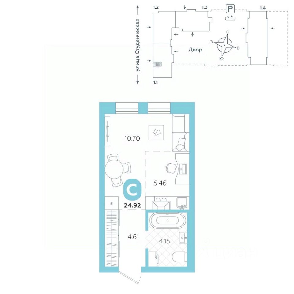 Студия Свердловская область, Екатеринбург ул. Студенческая, 1А (24.92 м²)