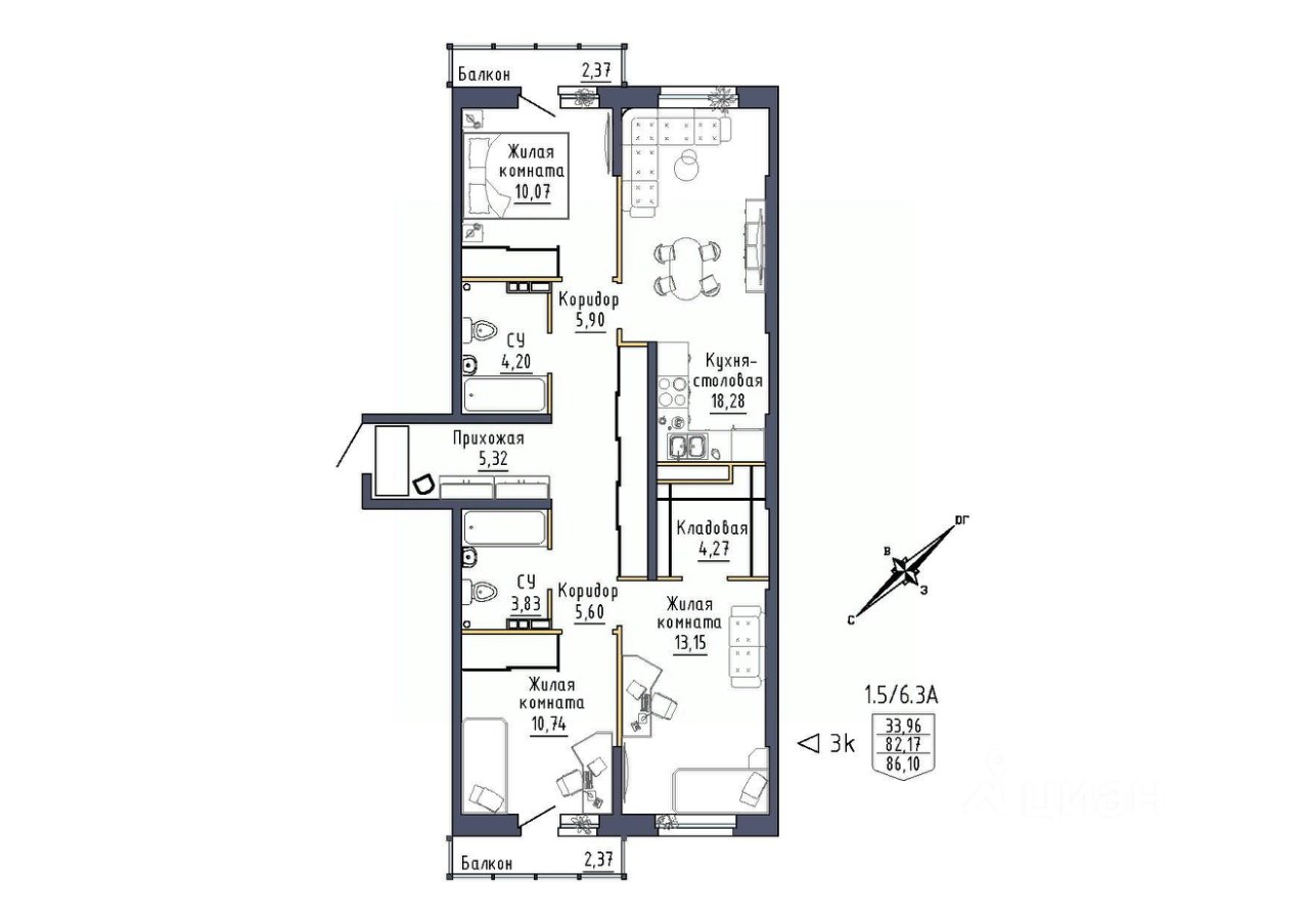 3-к кв. Свердловская область, Екатеринбург ул. Тюльпановая, 11 (86.1 м²)