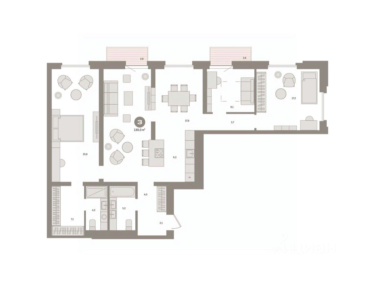 3-к кв. Свердловская область, Екатеринбург ул. Обувщиков (129.96 м²)