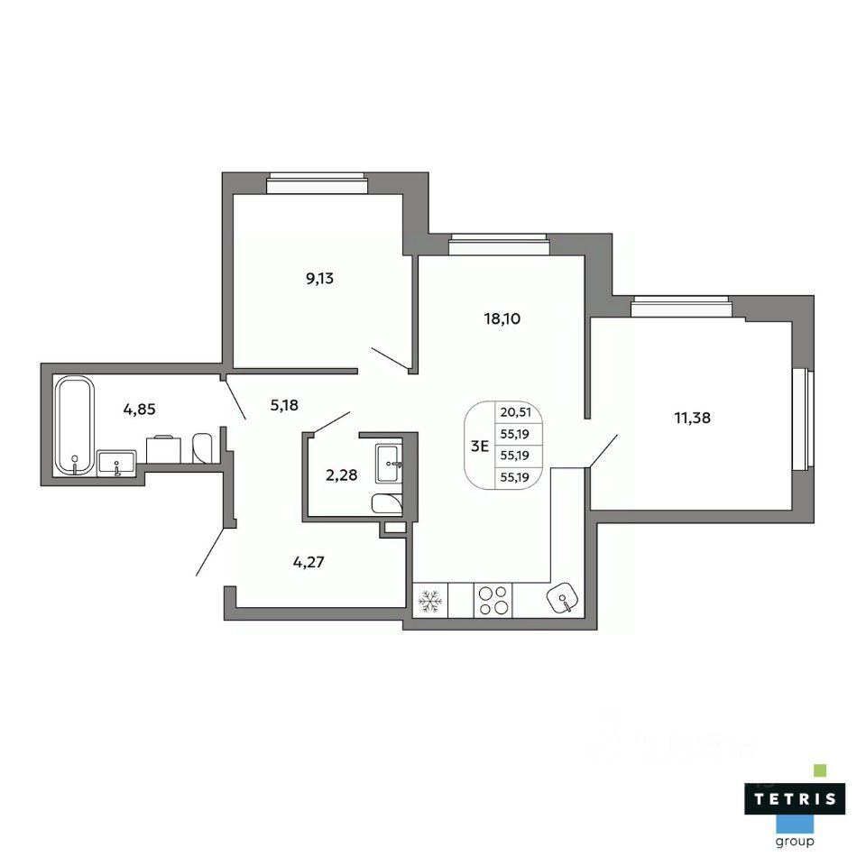 3-к кв. Свердловская область, Екатеринбург Уралмаш жилрайон,  (55.19 м²)