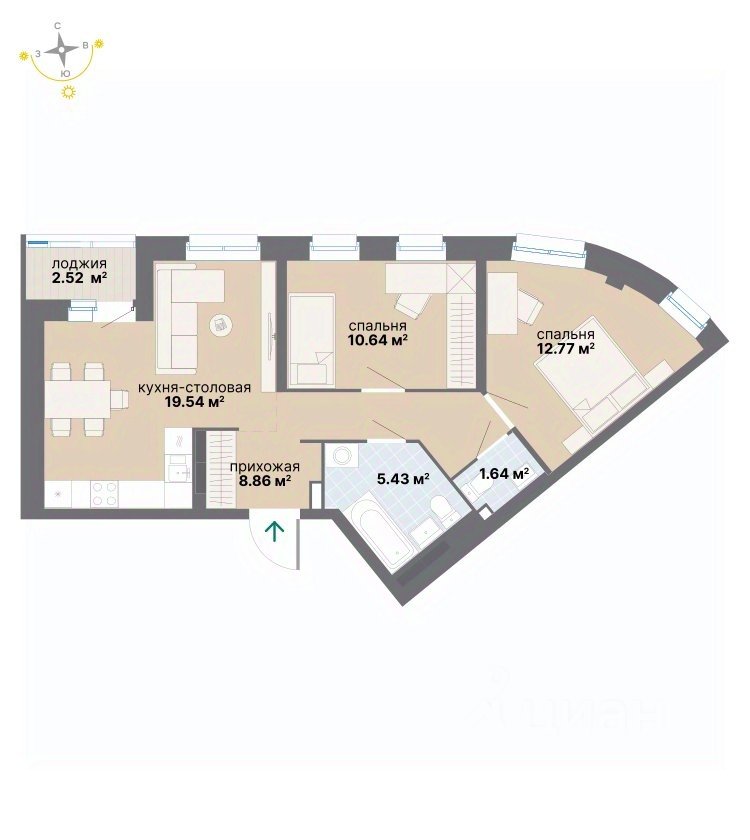 2-к кв. Свердловская область, Екатеринбург ул. Вилонова (61.4 м²)