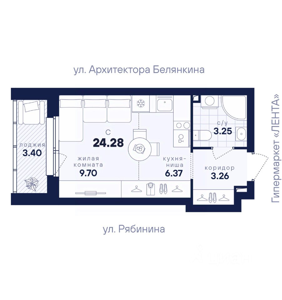 Студия Свердловская область, Екатеринбург ул. Рябинина, 42 (24.28 м²)