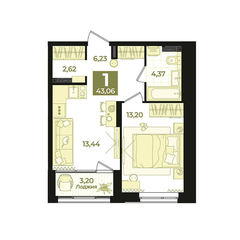 1-комнатная квартира: Екатеринбург, улица Блюхера, 26 (43.06 м²)