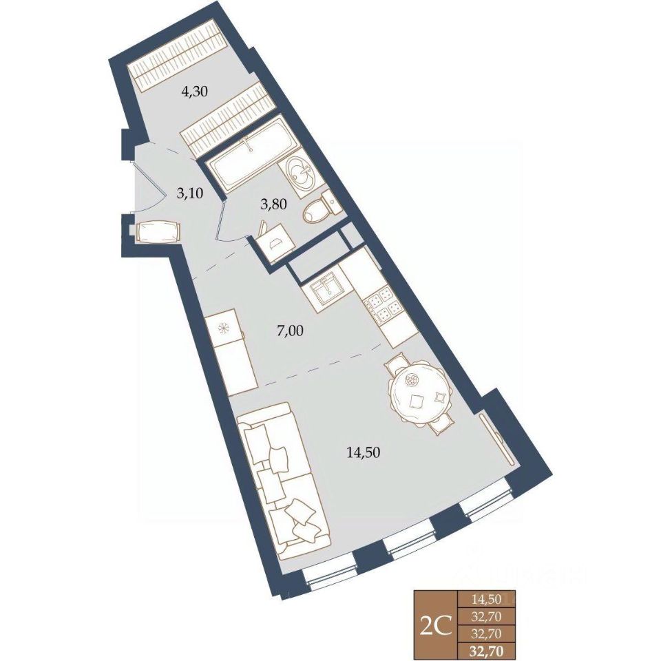 Студия Свердловская область, Екатеринбург ул. Щербакова, 20 (32.7 м²)