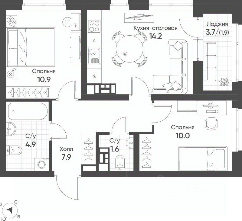2-к кв. Свердловская область, Екатеринбург Солнечный жилрайон,  (51.4 м²)
