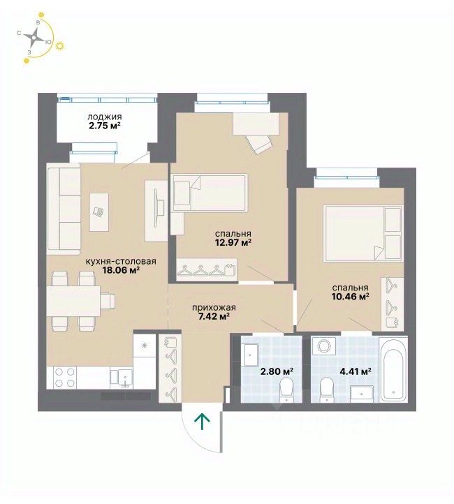 2-к кв. Свердловская область, Екатеринбург ул. Циолковского (58.87 м²)