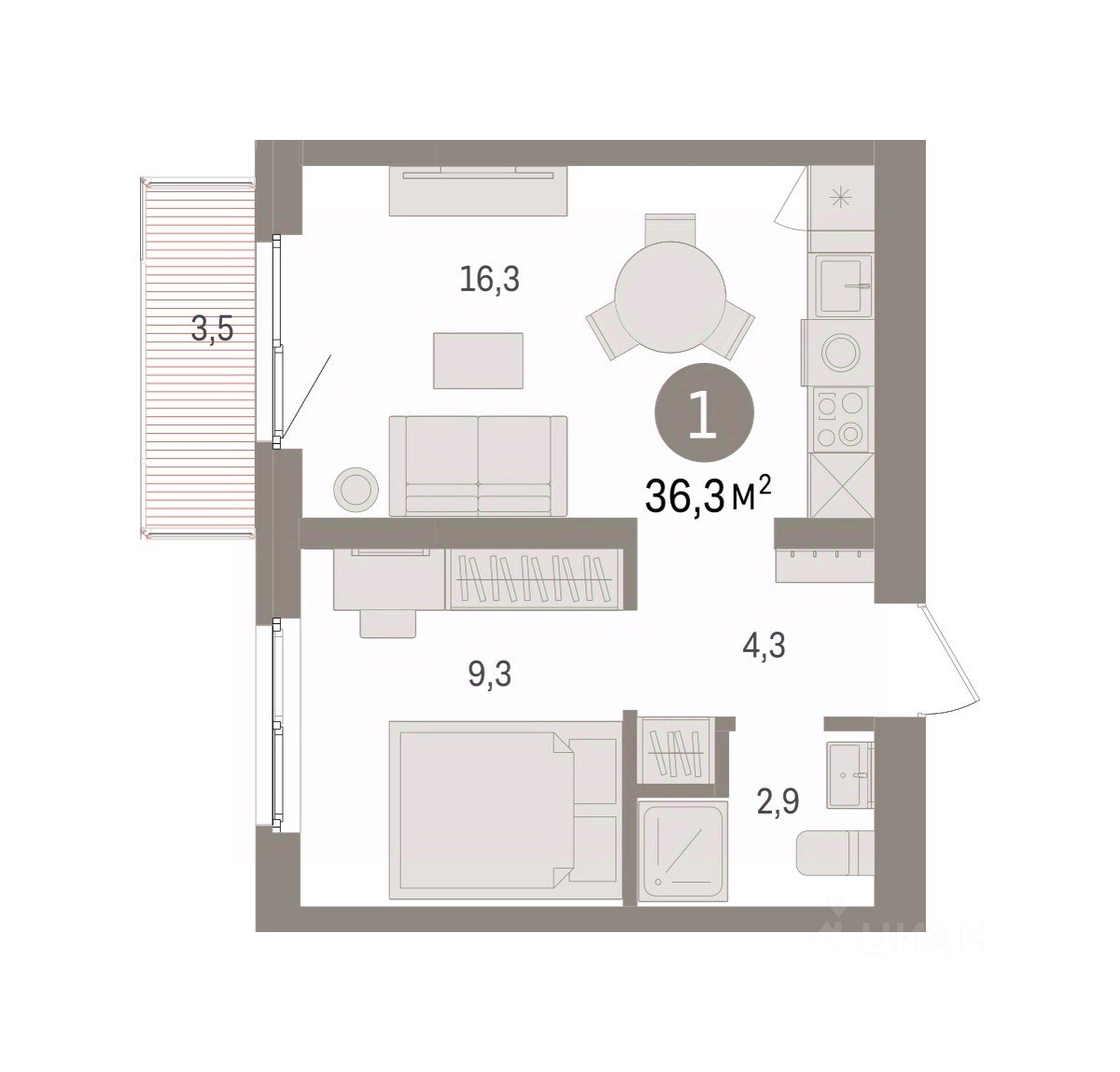 1-к кв. Свердловская область, Екатеринбург пер. Торфяной, 10 (36.3 м²)