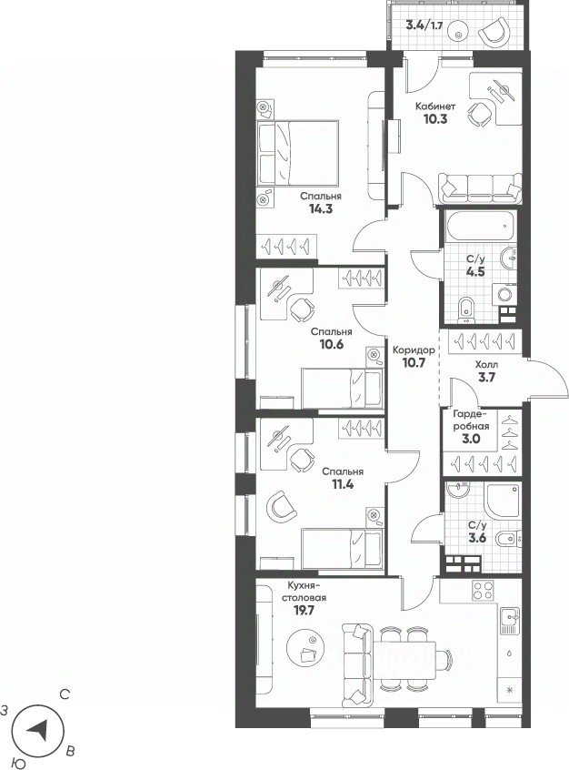 4-к кв. Свердловская область, Екатеринбург Солнечный жилрайон,  (93.5 м²)