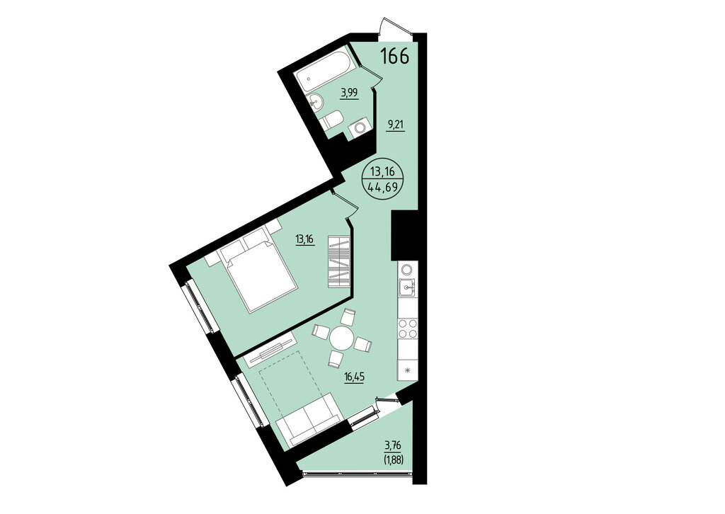 1-комнатная квартира: Екатеринбург, площадь Жуковского, 8 (44.69 м²)