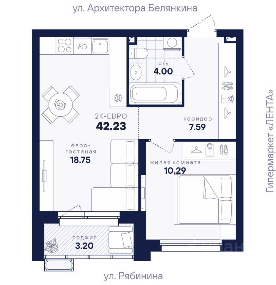 1-к кв. Свердловская область, Екатеринбург ул. Рябинина, 42 (42.23 м²)