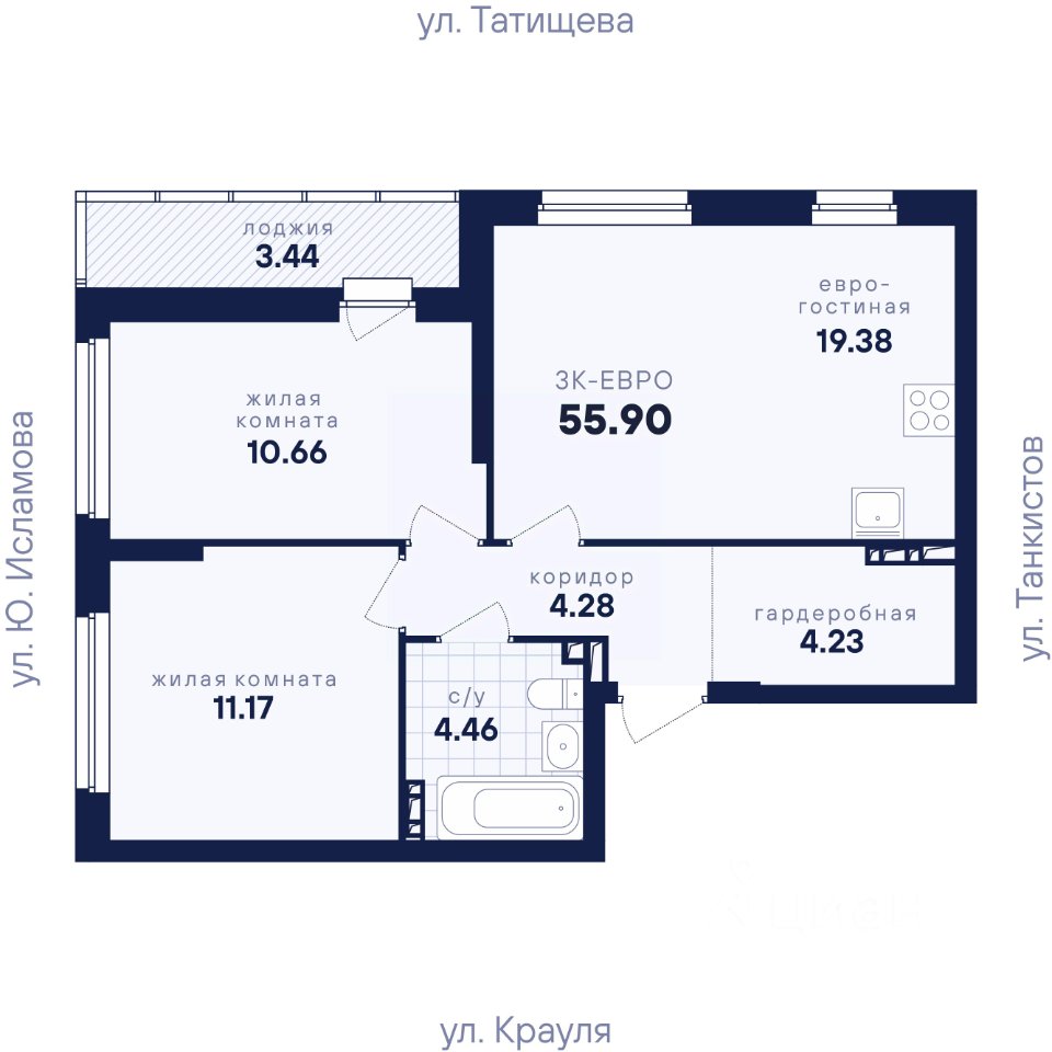 2-к кв. Свердловская область, Екатеринбург ул. Крауля, 170Б (55.9 м²)