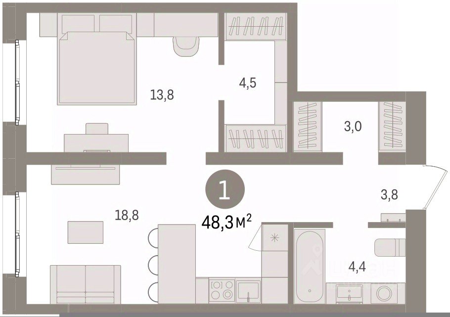 1-к кв. Свердловская область, Екатеринбург пер. Торфяной, 10 (48.3 м²)