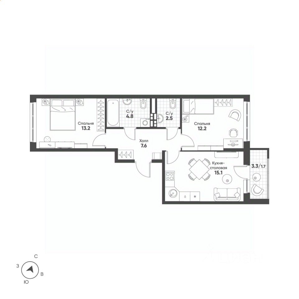 2-к кв. Свердловская область, Екатеринбург Солнечный жилрайон,  (57.1 м²)