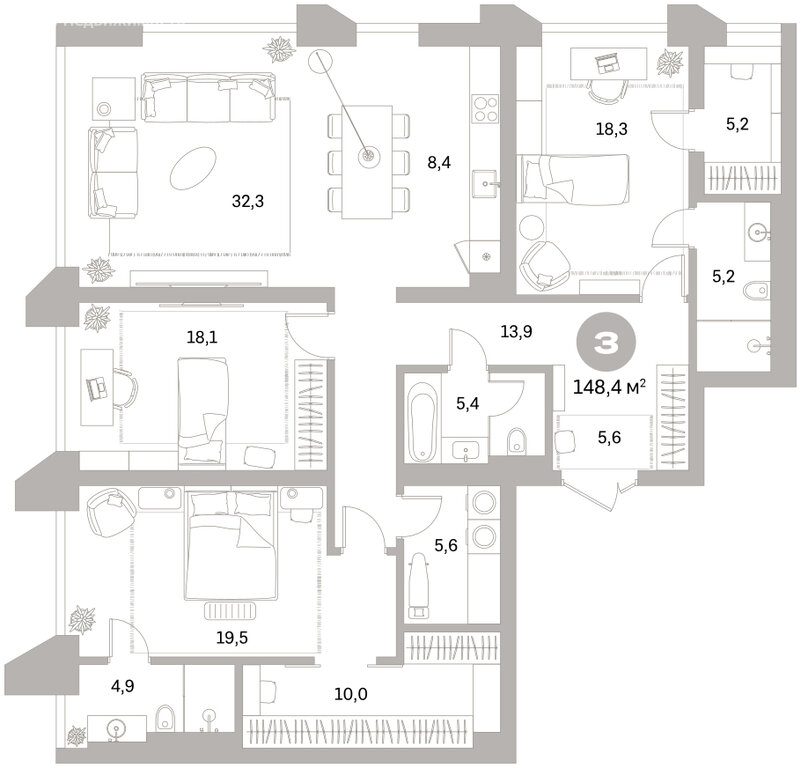 3-комнатная квартира: Екатеринбург, улица Гоголя, 21 (148.37 м²)