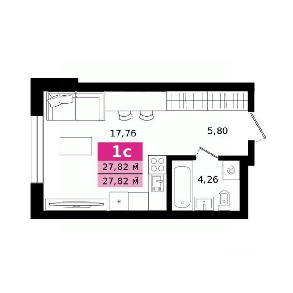 Студия Свердловская область, Екатеринбург ул. Монтерская (27.82 м²)