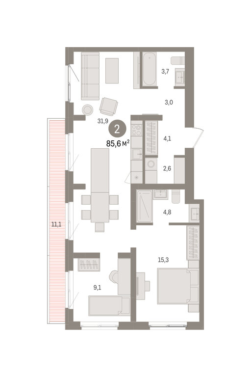 2-комнатная квартира: Екатеринбург, Торфяной переулок, 10 (85.6 м²)